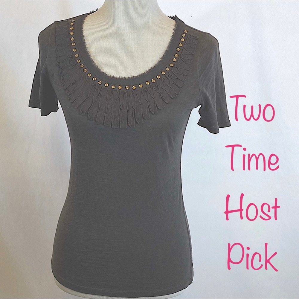 Ann Taylor LOFT Gray Top Silver studded Rhinestone Embellished Top